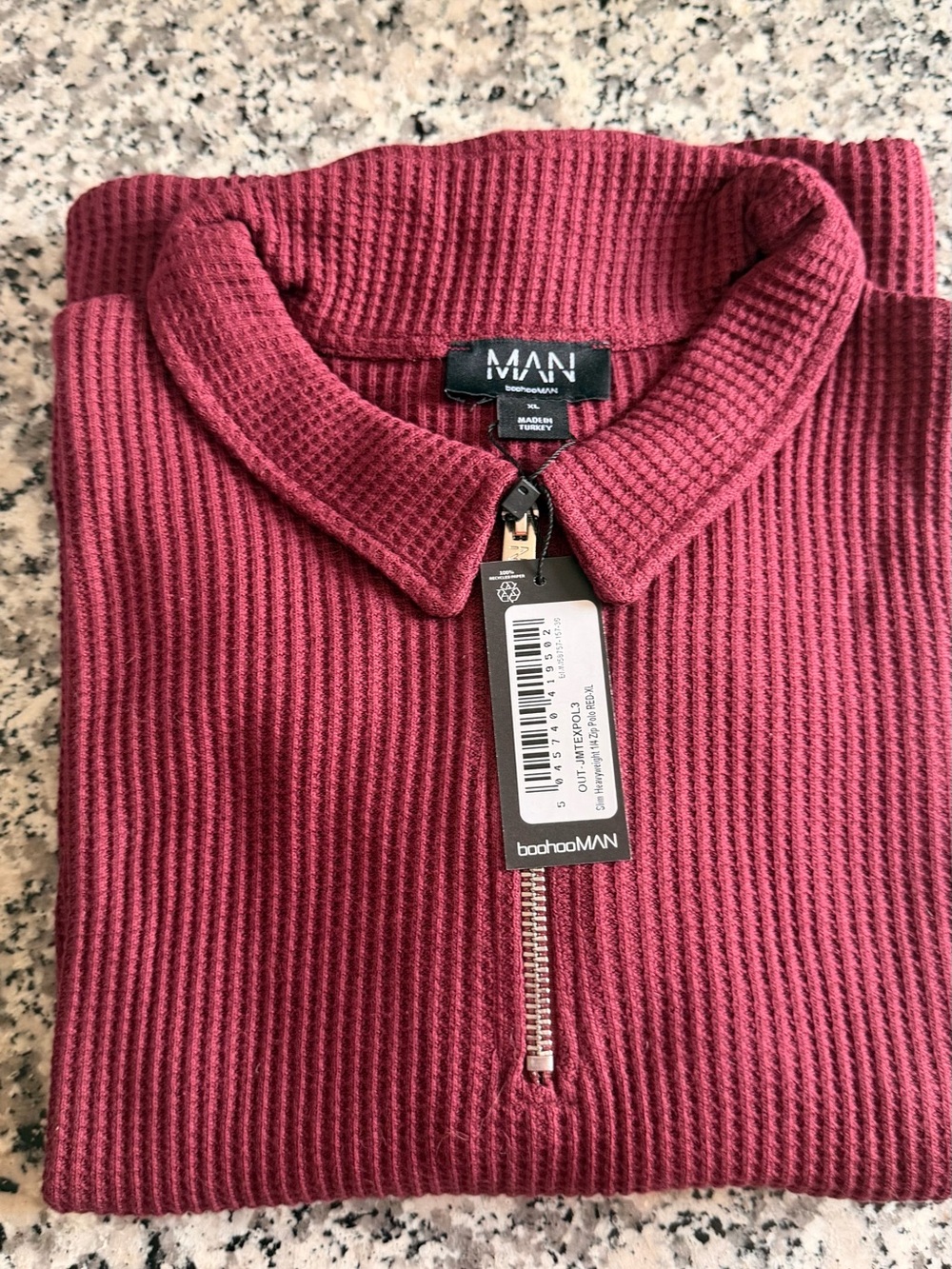 BoohooMAN Ribbed Zip-Up Polo Sweater in Burgundy
